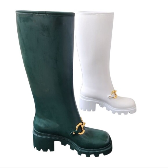 GUCCI Left Only Rubber Rain Boots Womens 35 US 5 Green White Horsebit Amputee - Picture 1 of 15